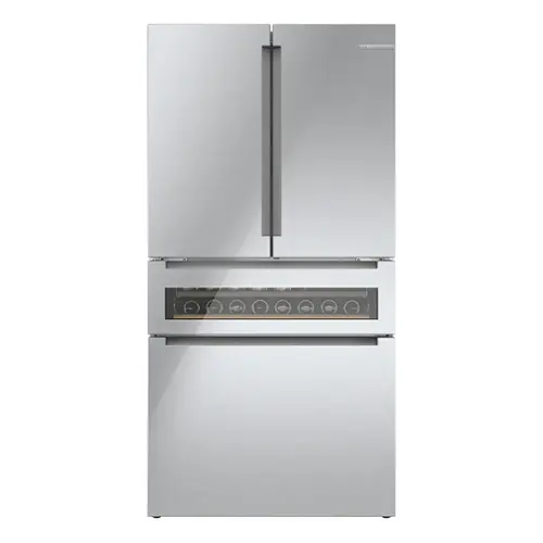 Front. Bosch - 800 Series 20 Cu. Ft. 4-Door French Door Counter-Depth Smart Refrigerator with Beverage Cooler Drawer - Stainless Steel.