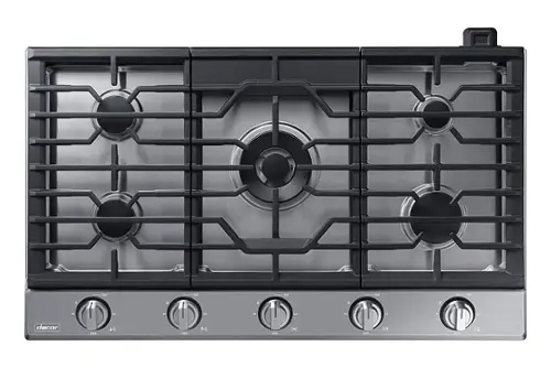 Front. Dacor - Transitional 36" Built-In Gas Cooktop with 6 burners and SimmerSear, Liquid Propane Convertible - Silver Stainless Steel.