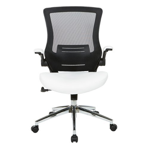 Office Star Products - Black Screen Back Manager's Chair with Faux Leather Seat and Padded Flip Arms with Silver Accents - White