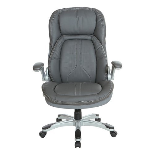 Office Star Products - Bonded Leather Executive Chair with Padded Flip Arms and Silver Base - Grey