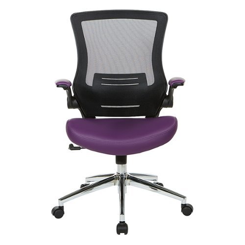 Office Star Products - Black Screen Back Manager's Chair with Faux Leather Seat and Padded Flip Arms with Silver Accents - Purple