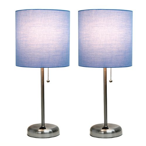 Limelights - Brushed Steel Stick Lamp with Charging Outlet and Fabric Shade 2 Pack Set - Blue