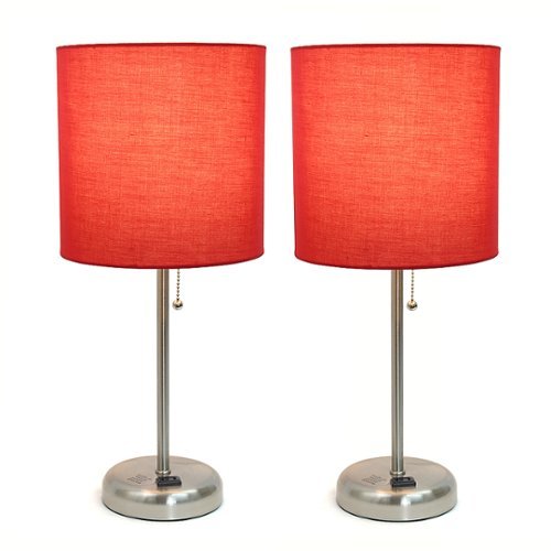 Limelights - Brushed Steel Stick Lamp with Charging Outlet and Fabric Shade 2 Pack Set - Red