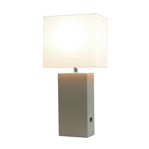 Elegant Designs - Modern Leather Table Lamp with USB and White Fabric Shade - Grey