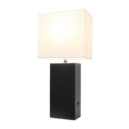 Elegant Designs - Modern Leather Table Lamp with USB and White Fabric Shade - Black