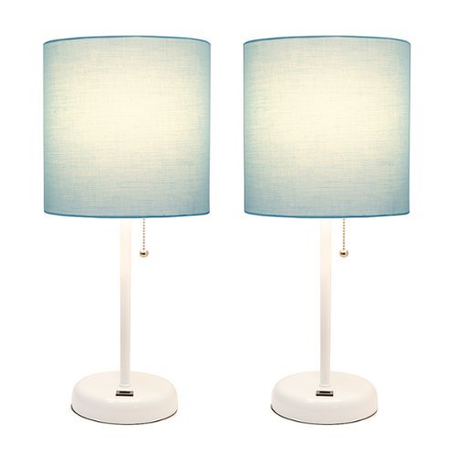 Limelights - White Stick Lamp with USB charging port and Fabric Shade 2 Pack Set - Aqua