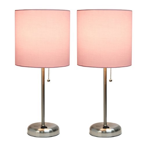 Limelights - Brushed Steel Stick Lamp with Charging Outlet and Fabric Shade 2 Pack Set