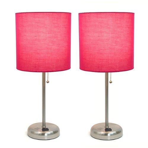 Limelights - Brushed Steel Stick Lamp with Charging Outlet and Fabric Shade 2 Pack Set