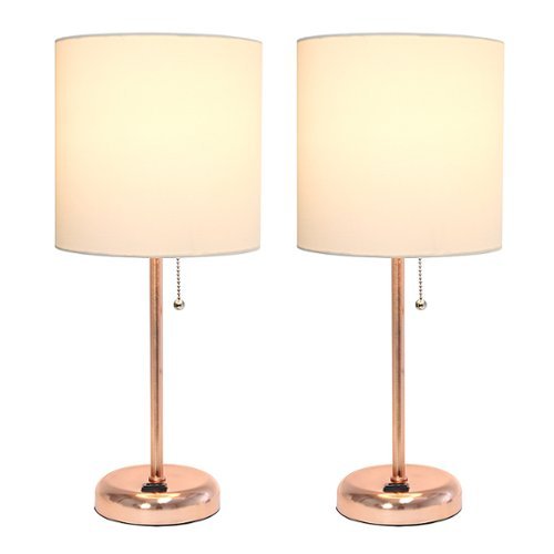 LimeLights Rose Gold Stick Lamp with Charging Outlet and Fabric Shade 2 Pack Set - White
