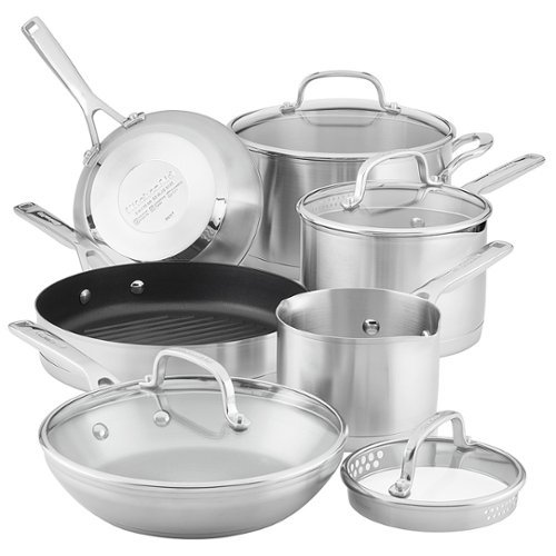 KitchenAid 3-Ply Base Stainless Steel Cookware Set, 10-Piece, Brushed Stainless Steel - Brushed Stainless Steel