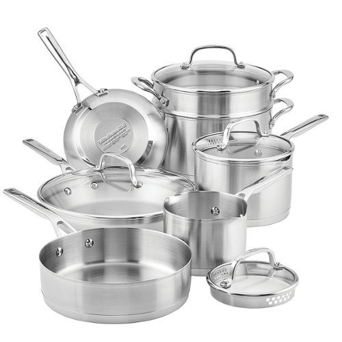 KitchenAid - 3-Ply Base Stainless Steel Cookware Set, 11-Piece, Brushed Stainless Steel - Brushed Stainless Steel