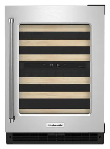 Front. KitchenAid - 46-Bottle Dual Zone Wine Cellar with Glass Door and Wood-Front Racks - Stainless steel.