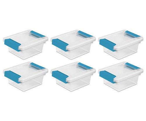 Sterilite - Mini Plastic Storage Container with Latches (6 Pack) - Clear/Aquarium Blue