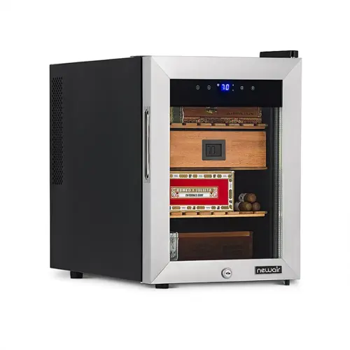 Front. NewAir - 250 Count Cigar Humidor with Opti-Temp Heating and Cooling Function, Spanish Cedar Shelves and Digital Thermostat - Stainless Steel.