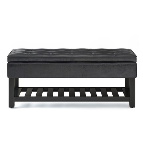 Simpli Home - Cosmopolitan 44 inch Wide Traditional Rectangle Storage Ottoman Bench with Open Bottom in Faux Leather - Distressed Black