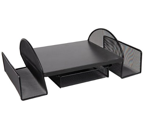 Mind Reader - Mesh Monitor Stand, Wire Screen Riser with Side Storage File Pockets - Black