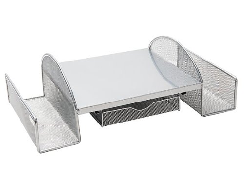 Mind Reader - Mesh Monitor Stand, Wire Screen Riser with Side Storage File Pockets - Silver-Front_Standard 