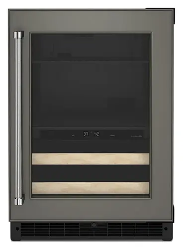 Front. KitchenAid - 14-Bottle Dual Zone Beverage Cooler with Wood-Front Racks - Custom Panel Ready.