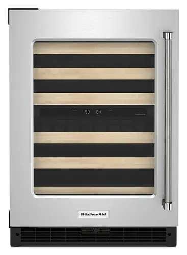 Front. KitchenAid - 46-Bottle Dual-Zone Wine Cellar with Glass Door and Wood-Front Racks - Stainless steel.