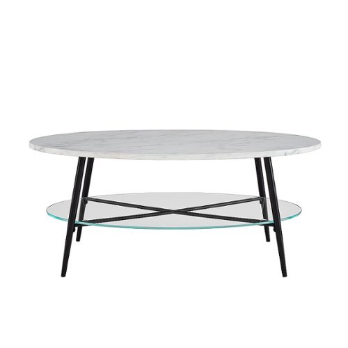 Walker Edison - 42” Modern Oval Faux Marble and Glass Coffee Table - Faux White Marble/Black