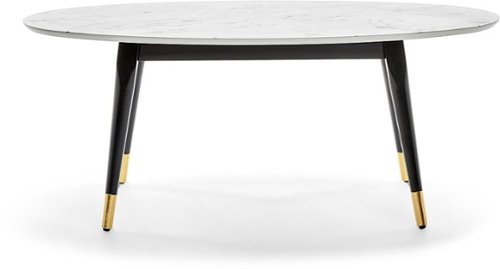 Elle Decor - Clemintine Mid-Century Oval Coffee Table with Brass Accents - White Marble Print