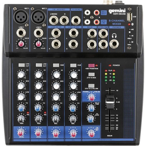 Gemini GEM-08USB: COMPACT 8 Channel Bluetooth Mixer - Black, Blue GLOBAL SHIPPING