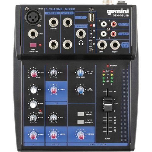 Gemini GEM-05USB: Compact 5 Channel Bluetooth Mixer - Black GLOBAL SHIPPING