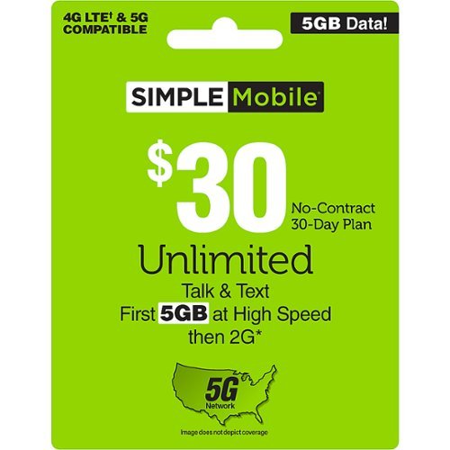Simple Mobile - $30 Unlimited Talk & Text 30-Day Plan (Email Delivery) [Digital]