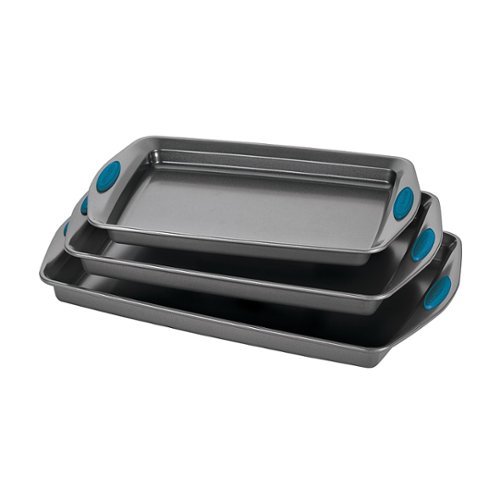Image of Rachael Ray - 3-Piece Nonstick Bakeware Cookie Pan Set with Silicone Grips - Gray with Marine Blue Grips