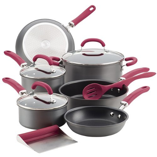 Rachael Ray - Create Delicious 11-Piece Cookware Set - Gray with Burgundy Handles