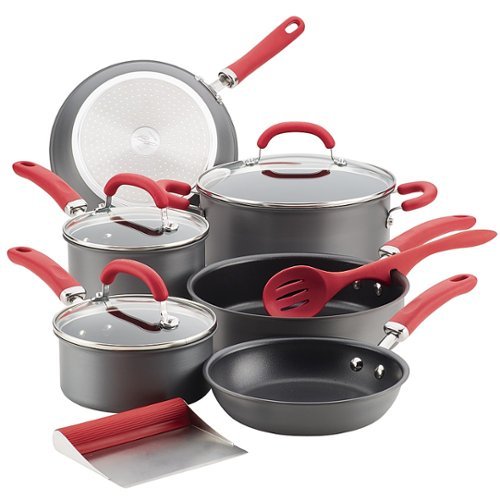 Rachael Ray - Create Delicious 11-Piece Cookware Set - Gray with Red Handles