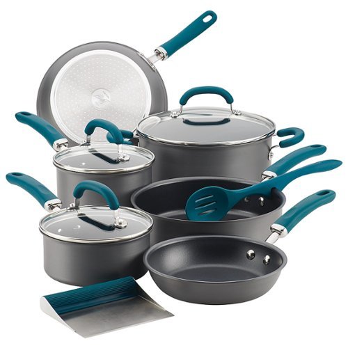 Rachael Ray - Create Delicious 11-Piece Cookware Set - Gray with Teal Handles