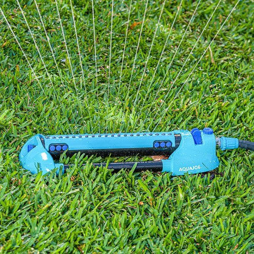 Aqua Joe AJ-OMS20-BRS Indestructible Metal Base Oscillating Sprinkler | Customizable Coverage | 4973 sq ft Max Coverage - Blue WHERE TO BUY