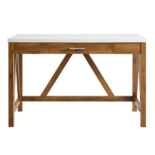 Walker Edison - 46" A Frame Modern Wood Computer Desk with Drawer - Natural Walnut/White Marble