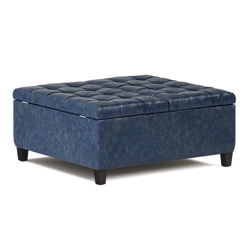 Simpli Home - Harrison 36 inch Wide Transitional Square Coffee Table Storage Ottoman in Faux Leather - Denim Blue