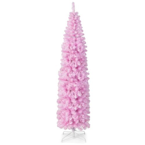 Costway - 7 FT Pre-lit Christmas Tree Hinged Pencil Xmas Decoration with 350 LED Lights Pink - Pink/White