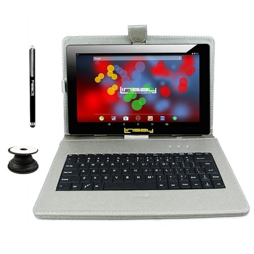 LINSAY - 10.1" Tablet, Leather Case, Keyboard, Stylus, and Tablet Pop Holder Bundle - 32GB - Silver
