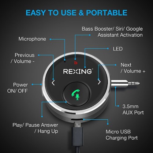 Rexing AUXB0 Bluetooth Receiver/Bluetooth Audio Adaptor for car, speaker, and DVD player - Black BUY ONLINE