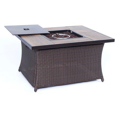 Hanover - Woven 40,000 BTU Fire Pit Coffee Table with Woodgrain Tile-Top - Brown/Wood Grain Top