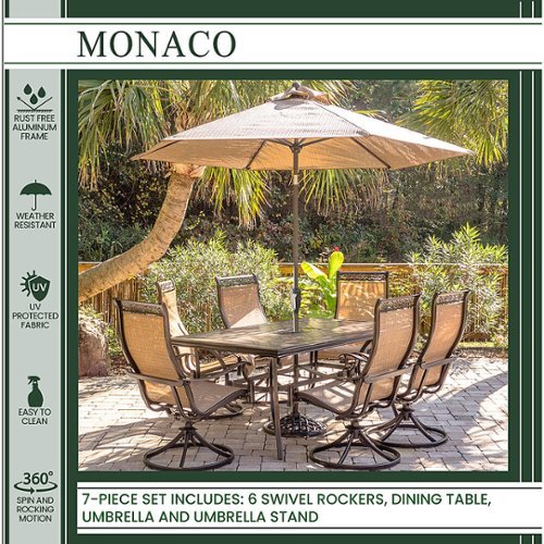 Hanover - 7-Piece Patio Dining Set with 6 Swivel Rockers, a 68 x 40" Dining Table, 9 Ft. Table Umbrella, and Umbrella Stand - Tan/Bronze