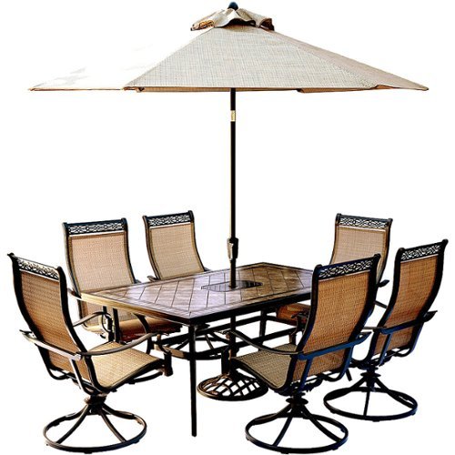 

Hanover - 7-Piece Patio Dining Set with 6 Swivel Rockers, a 68 x 40" Dining Table, 9 Ft. Table Umbrella, and Umbrella Stand - Tan/Bronze