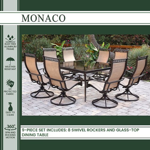 Hanover - Monaco 9-Piece Dining Set with Eight Swivel Rockers and a Large 60 In. Square Dining Table - Tan/Bronze