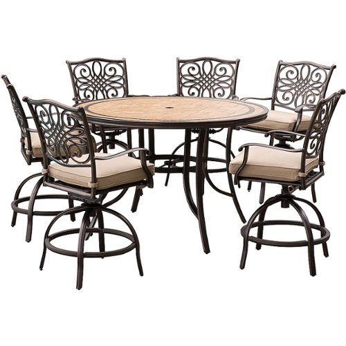 Hanover - Monaco 7-Piece High-Dining Set in Tan with a 56 In. Tile-top Table and 6 Swivel Chairs - Tan/Bronze