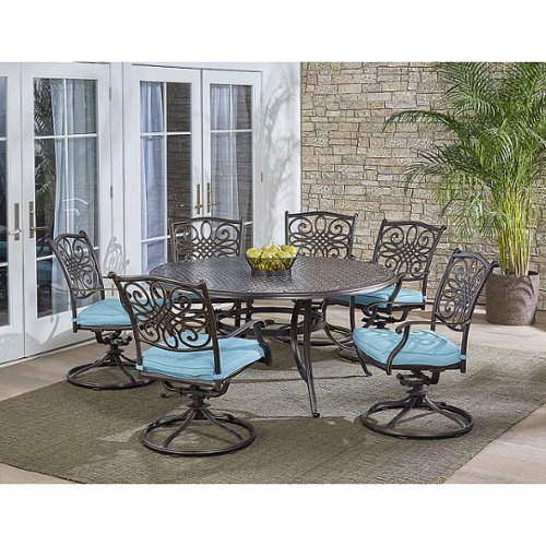 Hanover - Traditions 7-Piece Dining Set with a 60 In. Round Cast-top Table and Six Swivel Rockers - Alumicast/Blue
