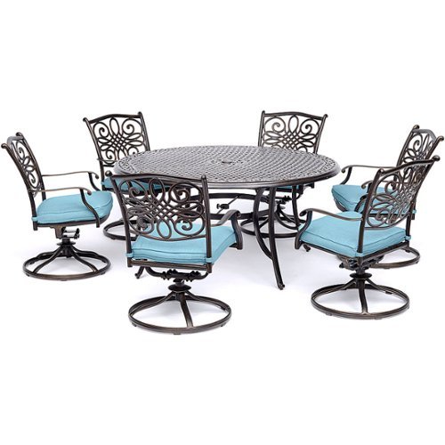 

Hanover - Traditions 7-Piece Dining Set with a 60 In. Round Cast-top Table and Six Swivel Rockers - Alumicast/Blue