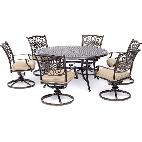

Hanover - Traditions 7-Piece Dining Set with a 60 In. Round Cast-top Table and Six Swivel Rockers - Alumicast/Tan