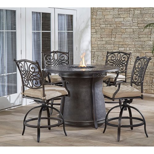 Hanover - Traditions 5-Piece High-Dining Set with Fire Pit Table - Alumicast/Tan