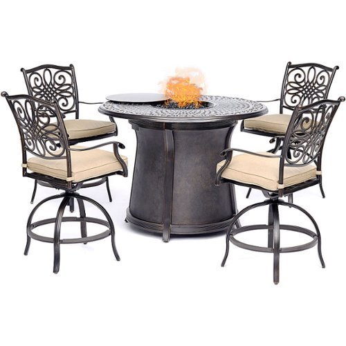 Image of Hanover - Traditions 5-Piece High-Dining Set with Fire Pit Table - Alumicast/Tan
