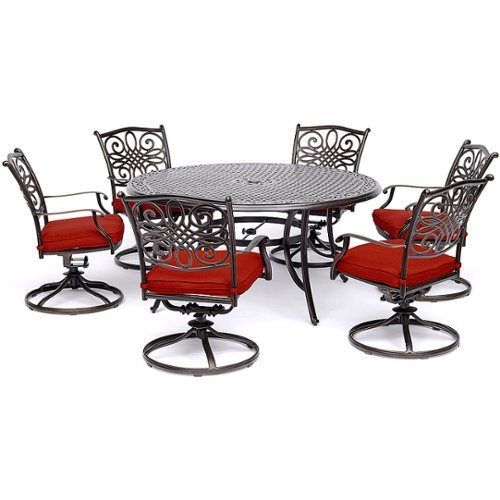 

Hanover - Traditions 7-Piece Dining Set with a 60 In. Round Cast-top Table and Six Swivel Rockers - Alumicast/Red