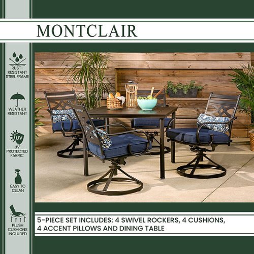 Hanover - Montclair 5-Piece Patio Dining Set with 4 Swivel Rockers and a 40-Inch Square Table - Navy/Brown